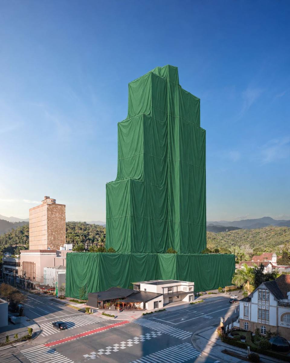 Novo empreendimento coberto por tecido verde na esquina da Alameda, Centro de Blumenau